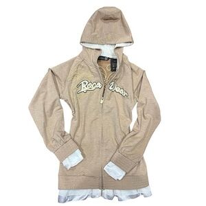goodness gracious >.< | Y2K tan zip up coquette white ruffle Rocawear sweater